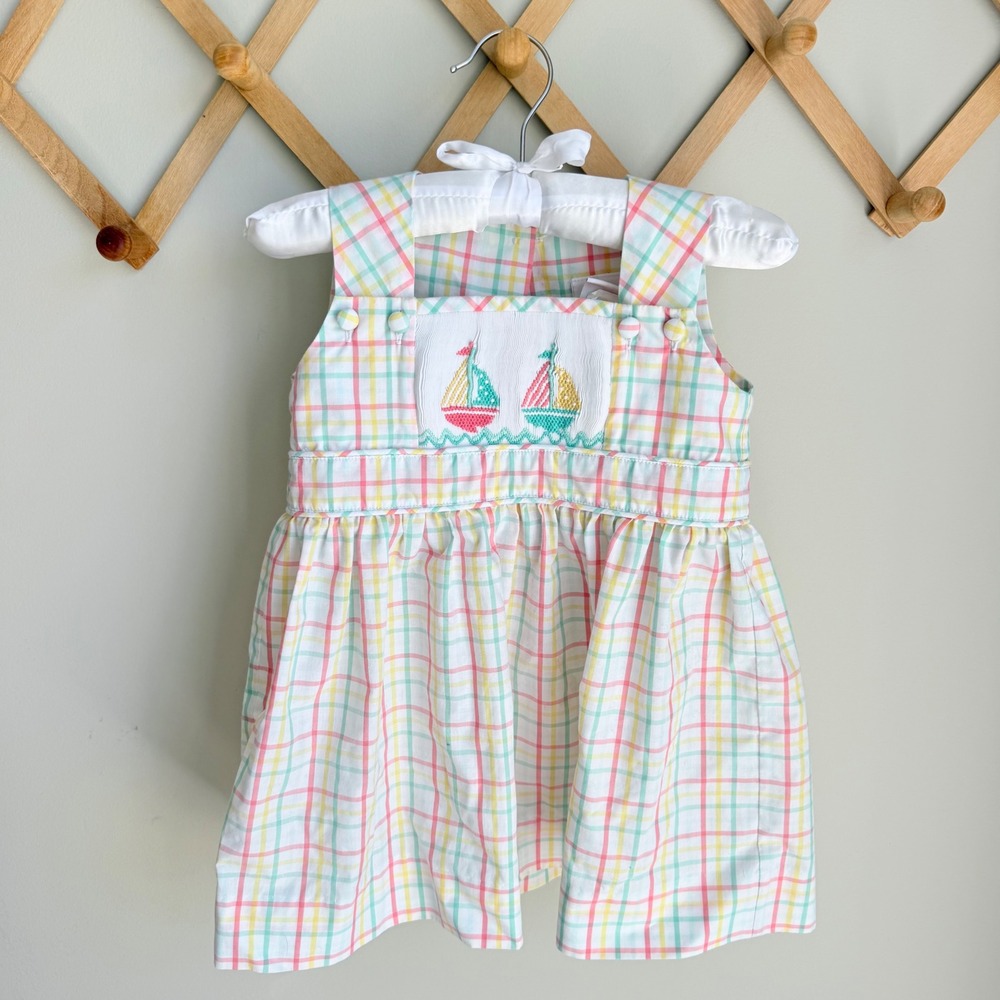 Shrimp & Grits Kids Pastel Rainbow Plaid Sailboat Smocked Dress 2T Nautical